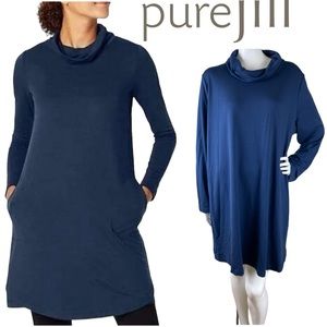 NWOT Purejill Luxe Tencel Cowl Neck Jersey Dress Blue Long Sleeve Pockets XL
